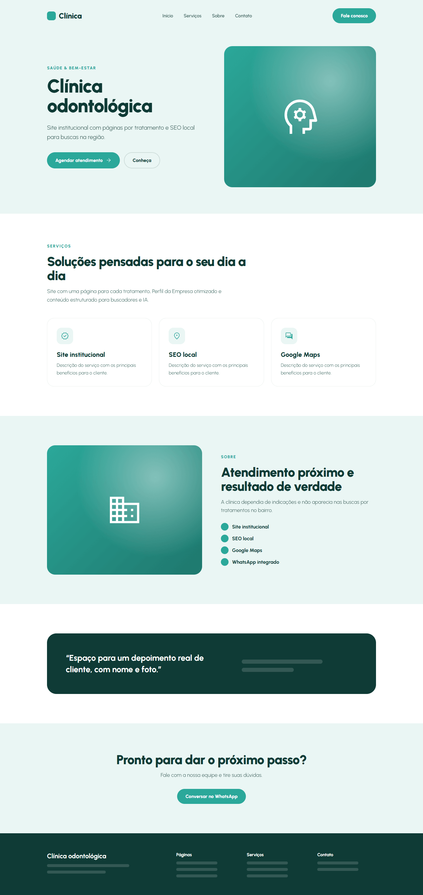 Template completo do projeto Clínica odontológica: Site institucional com páginas por tratamento e SEO local para buscas na região.