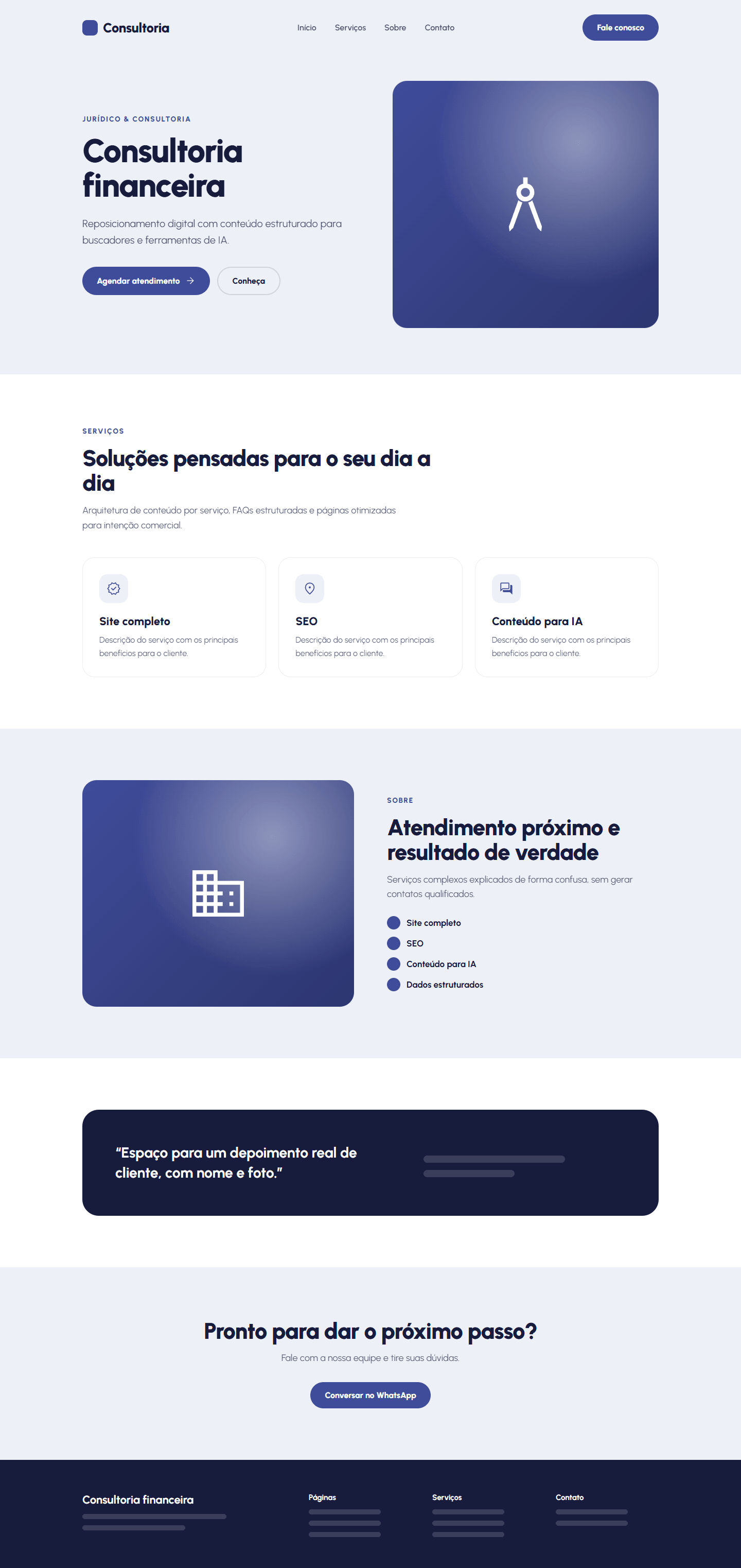 Template completo do projeto Consultoria financeira: Reposicionamento digital com conteúdo estruturado para buscadores e ferramentas de IA.