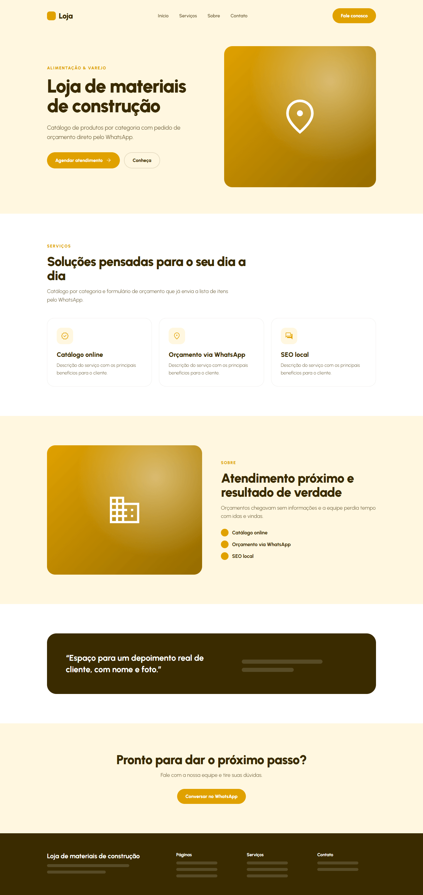 Template completo do projeto Loja de materiais de construção: Catálogo de produtos por categoria com pedido de orçamento direto pelo WhatsApp.